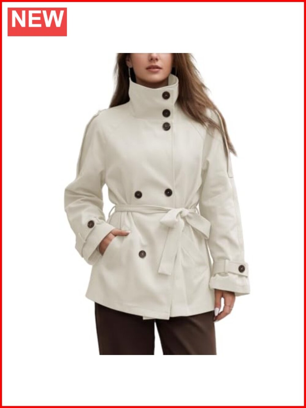 Women's Double Breasted Windbreaker High Neck Button Down Jacket Polyester